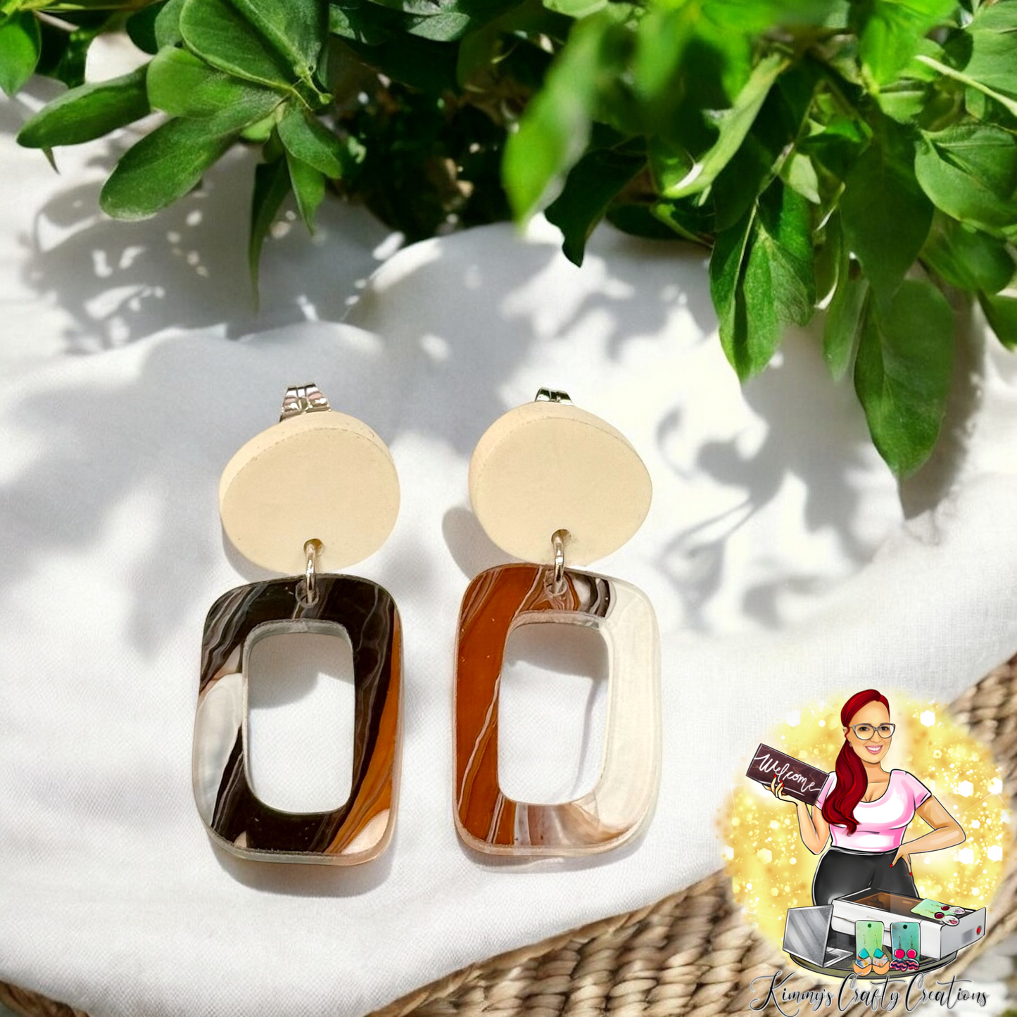 Geometric Shape Stud Post Dangles -Marbled Acrylic/ Cream Matte- Small