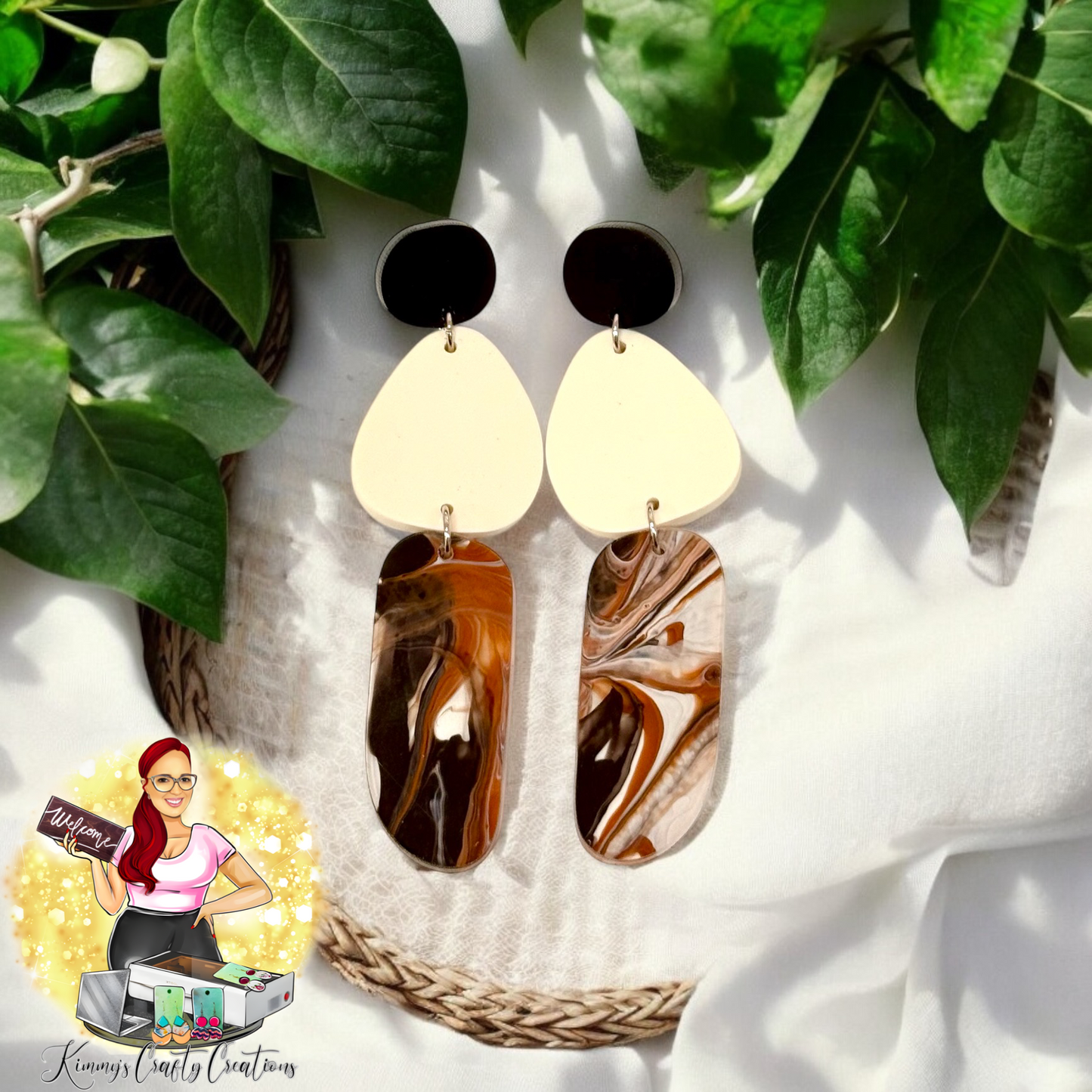 Geometric Shape Stud Post Dangles- Marbled Acrylic/ Cream Matte- Triple Layer
