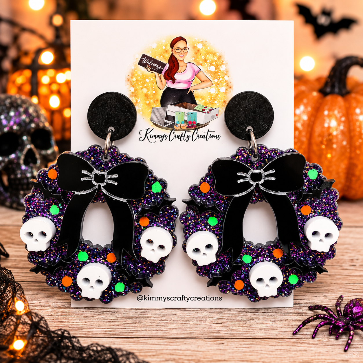 Spooky Skull & Black Bow Halloween Wreath Earrings