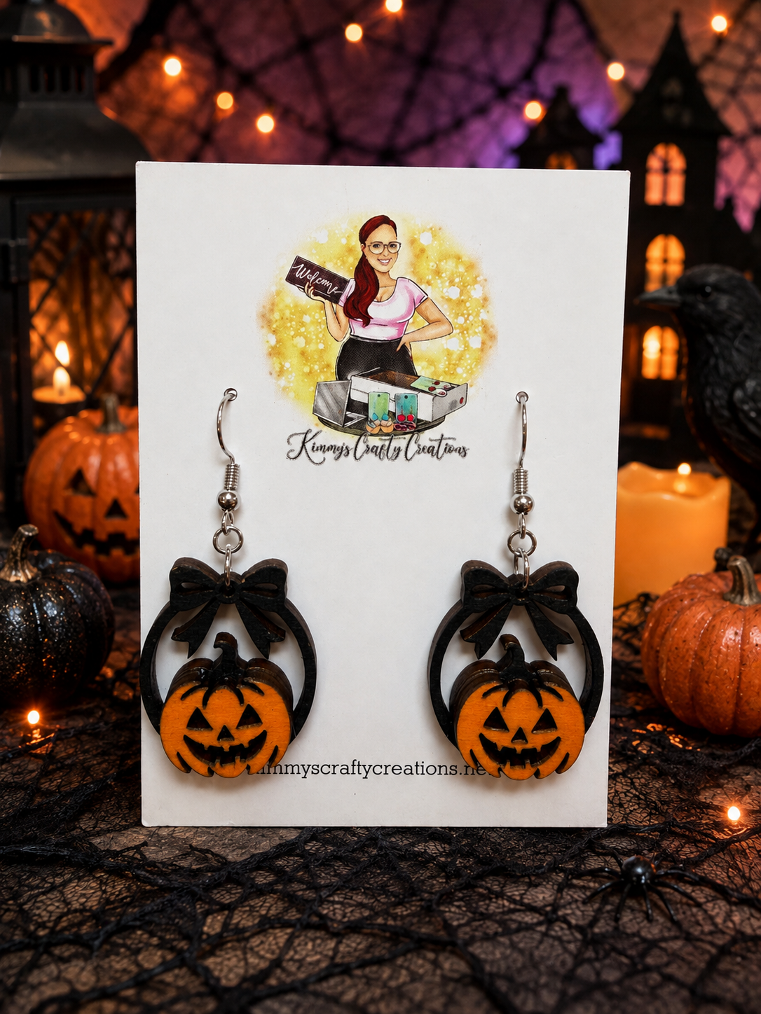 Hand-Painted Wooden Jack-O’-Lantern Bow Earrings