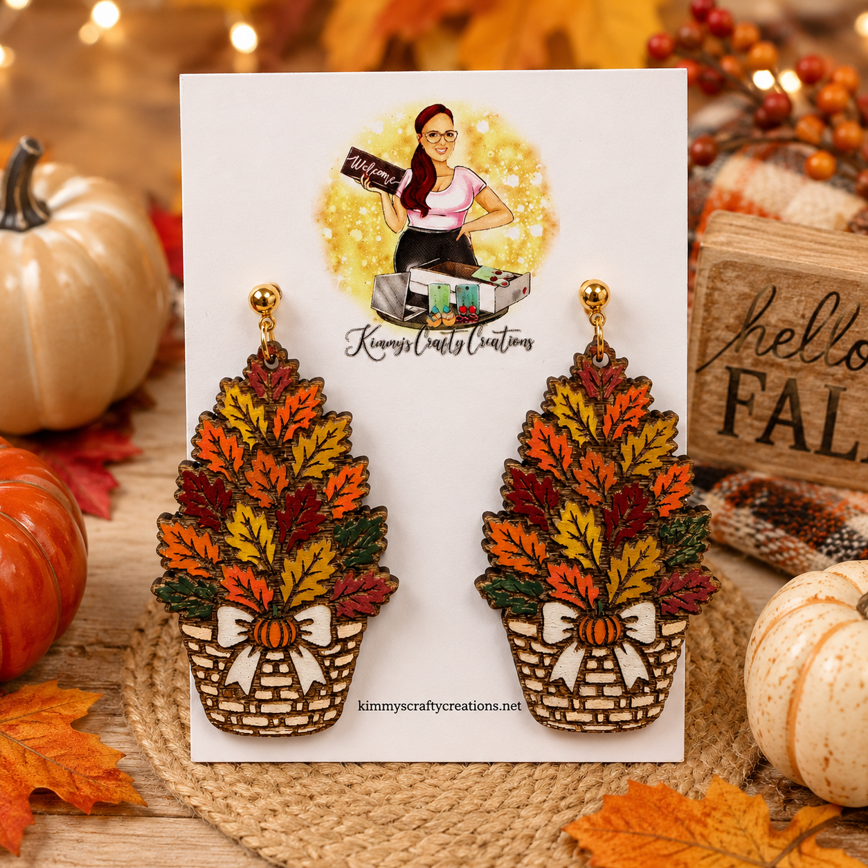 Hand-Painted Fall Leaf Basket Earrings