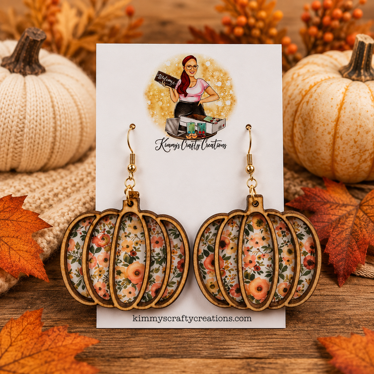 Floral Pumpkin Earrings | Layered Wood & Acrylic Fall Earrings
