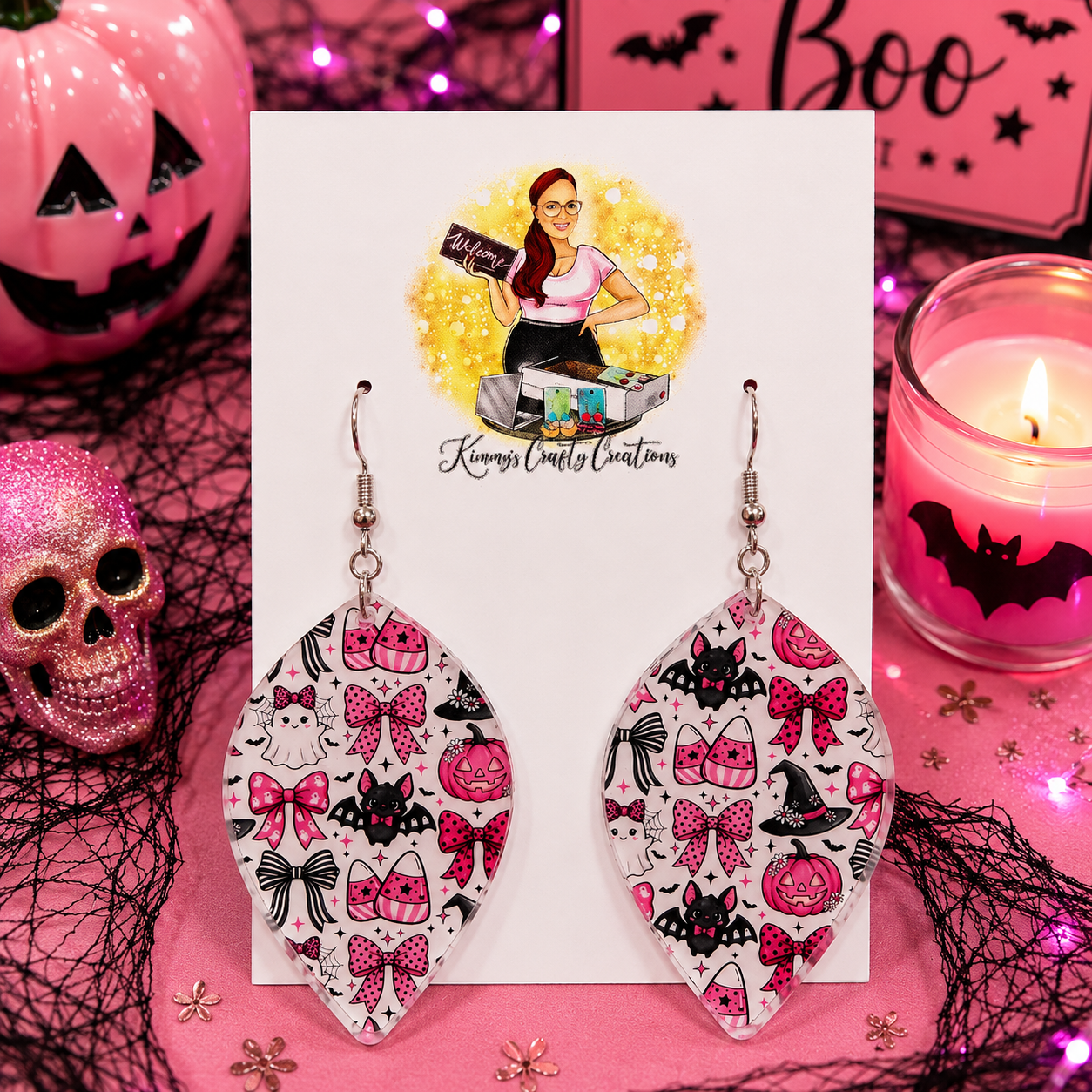 Pink Spooky Cute Halloween Oval Earrings