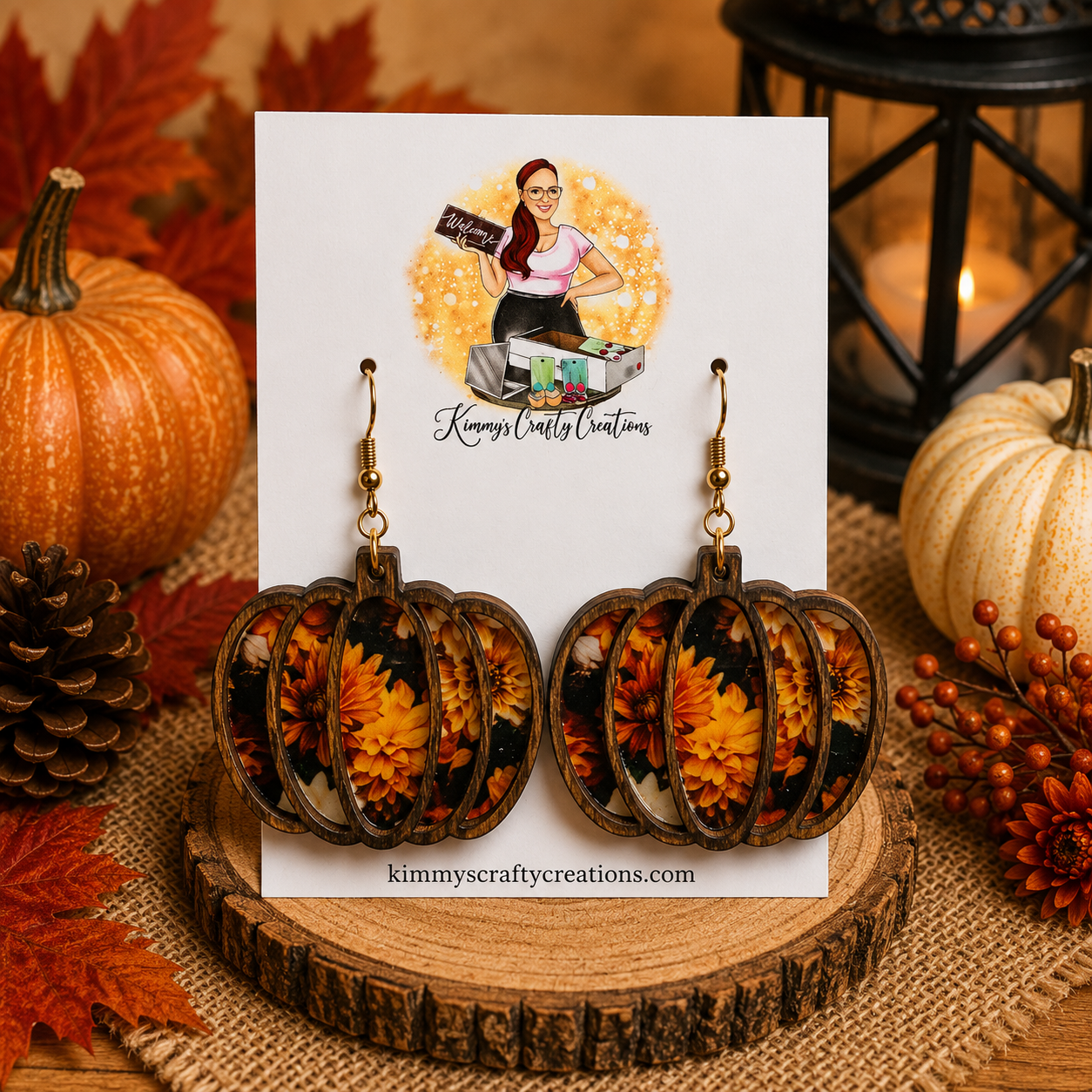 Layered Wood Autumn Floral Pumpkin Earrings