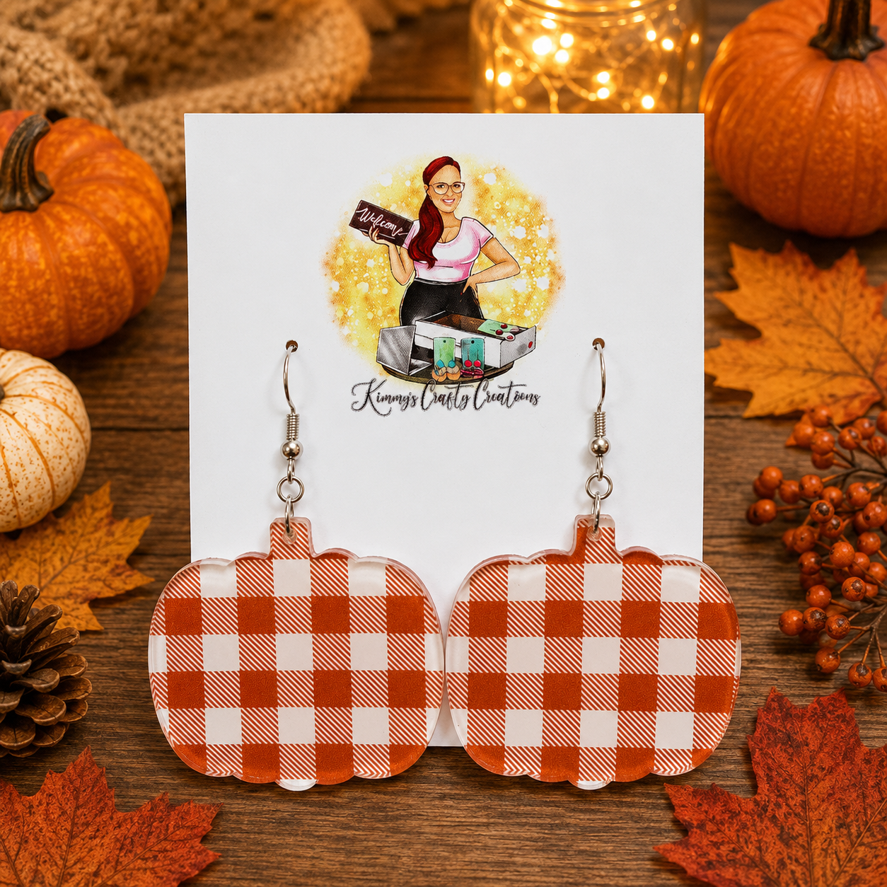 Orange Buffalo Plaid Pumpkin Statement Earrings