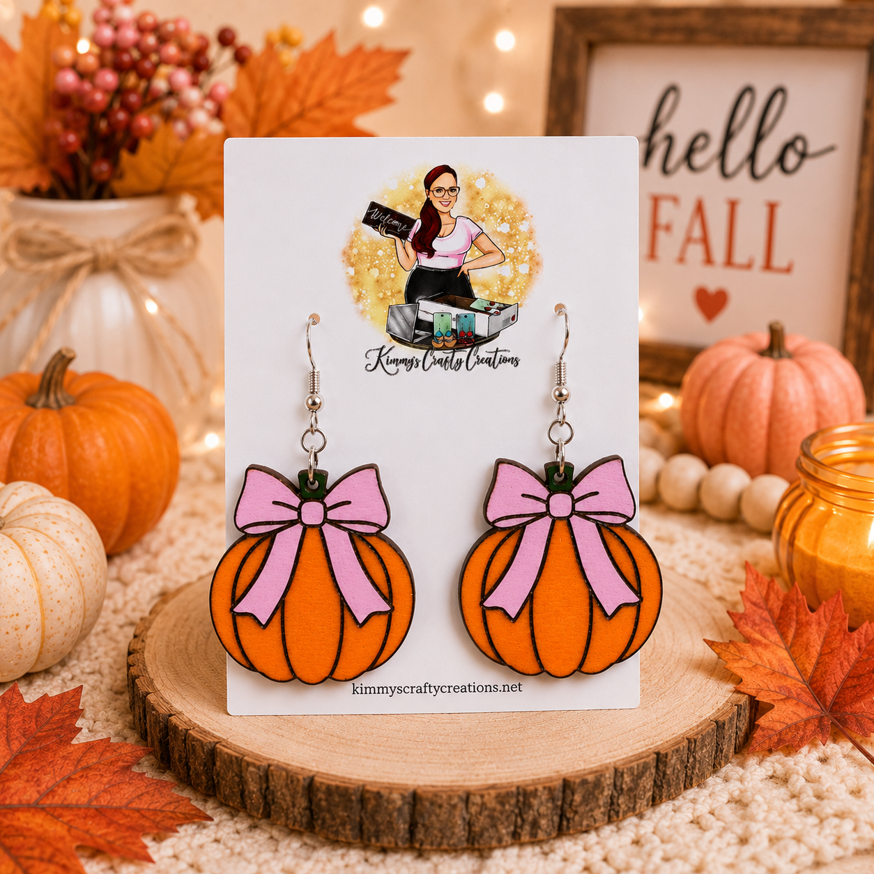 Pink Bow Pumpkin Earrings | Cute Girly Fall Dangle Earrings