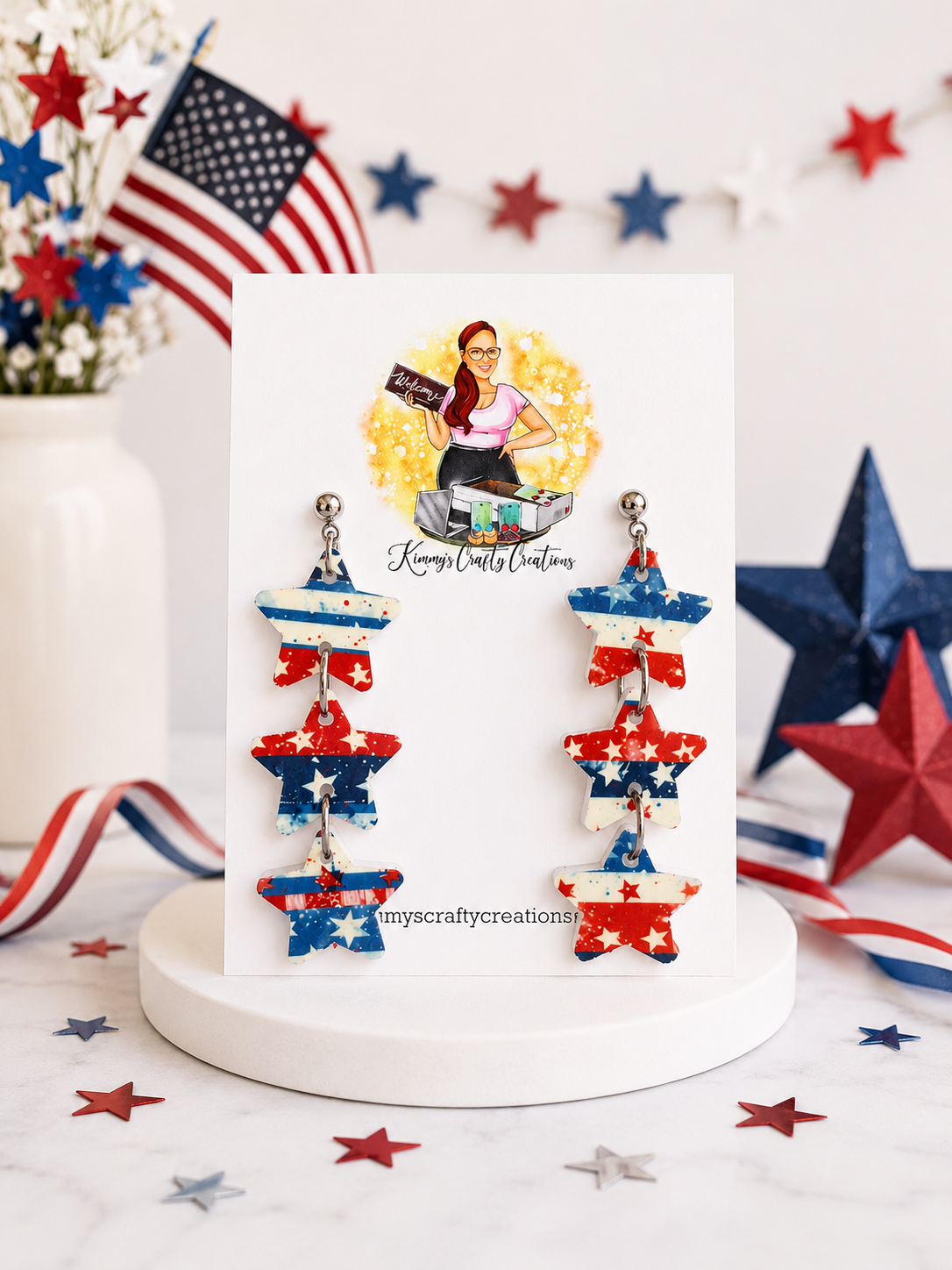 Patriotic Triple Star Dangle Earrings