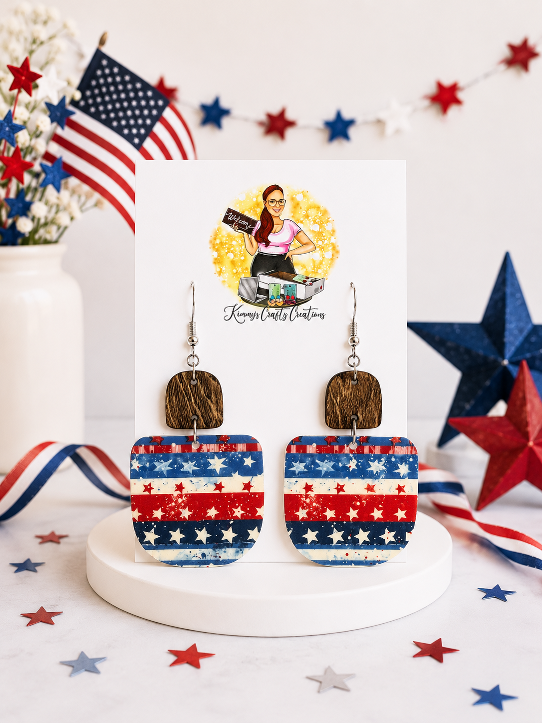 Patriotic Wood & Stars Statement Earrings