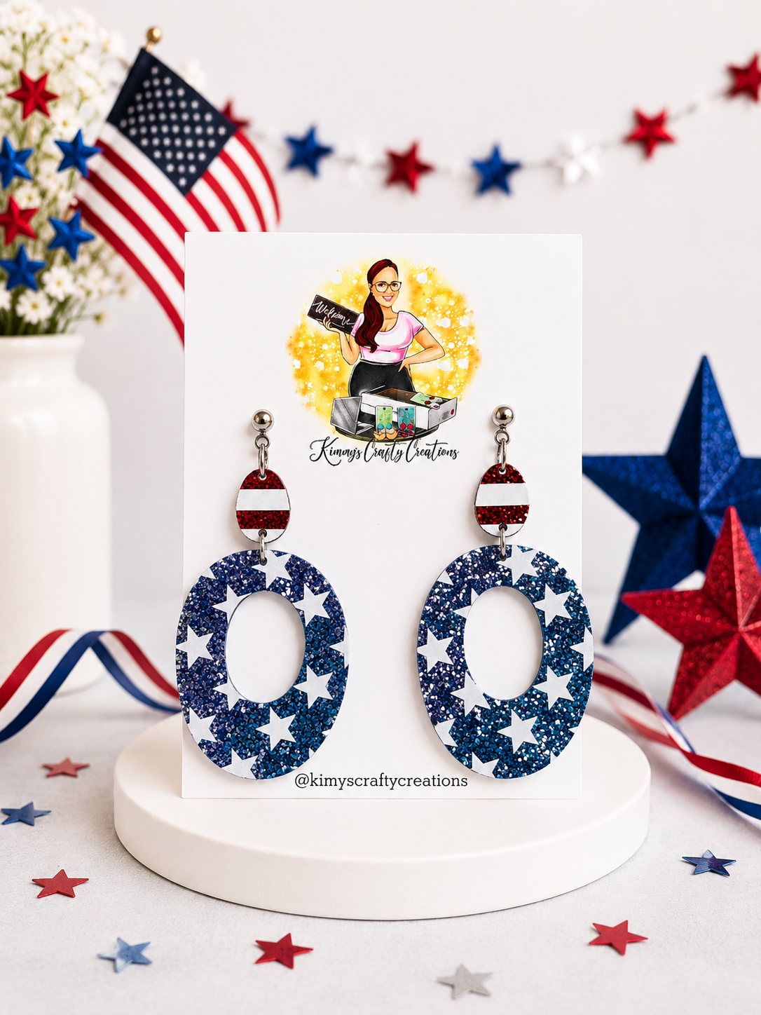 Sparkling Stars Patriotic Oval Earrings