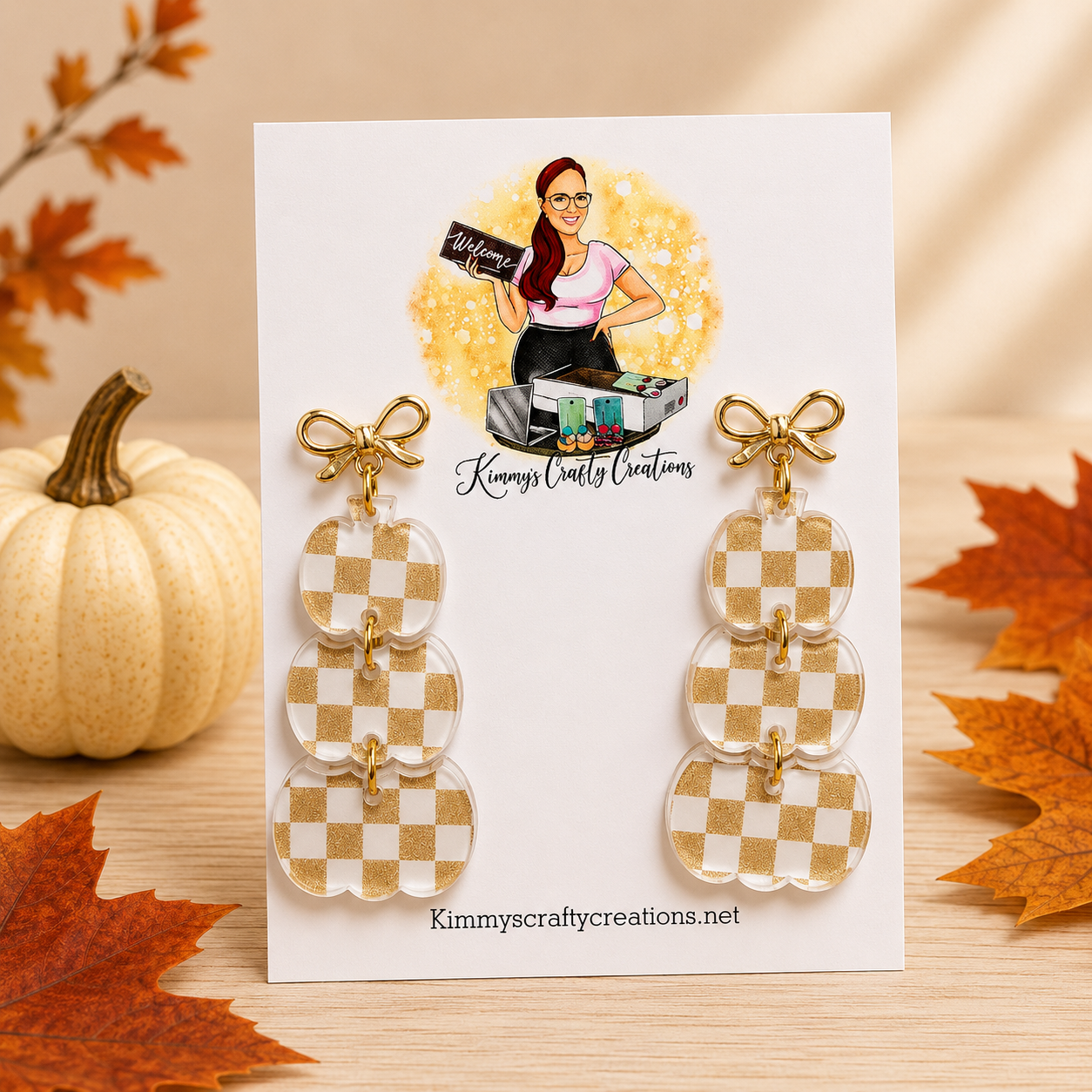 Neutral Gold Gingham Pumpkin Earrings with Bows