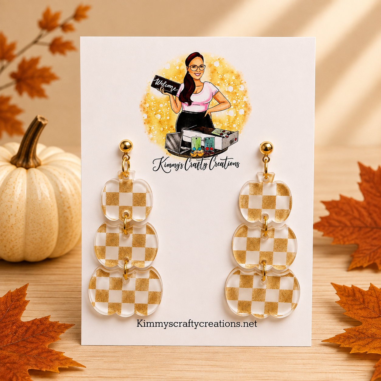 Neutral Gold Gingham Triple Pumpkin Earrings