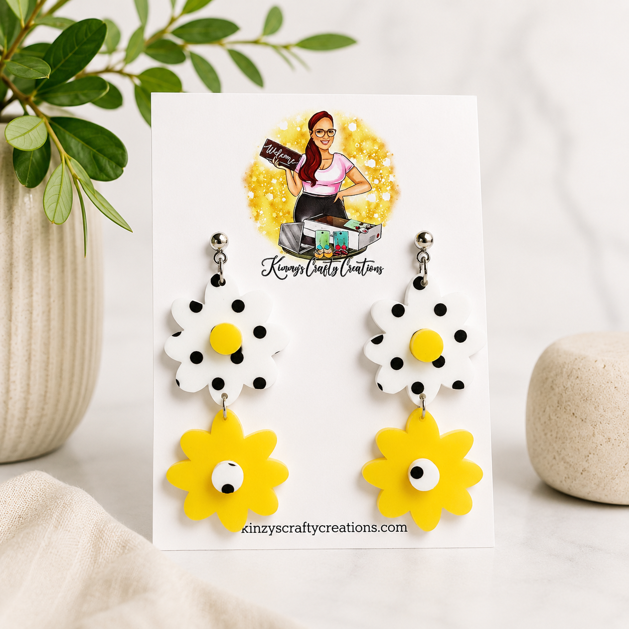 Yellow Daisy Polka Dot Dangle Earrings