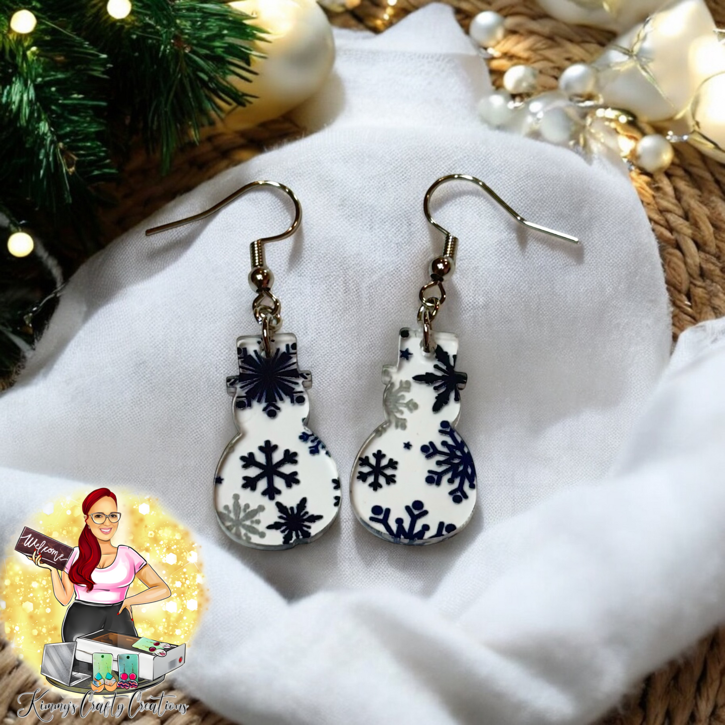 Snowflake Print Snowman Earrings 1 inch