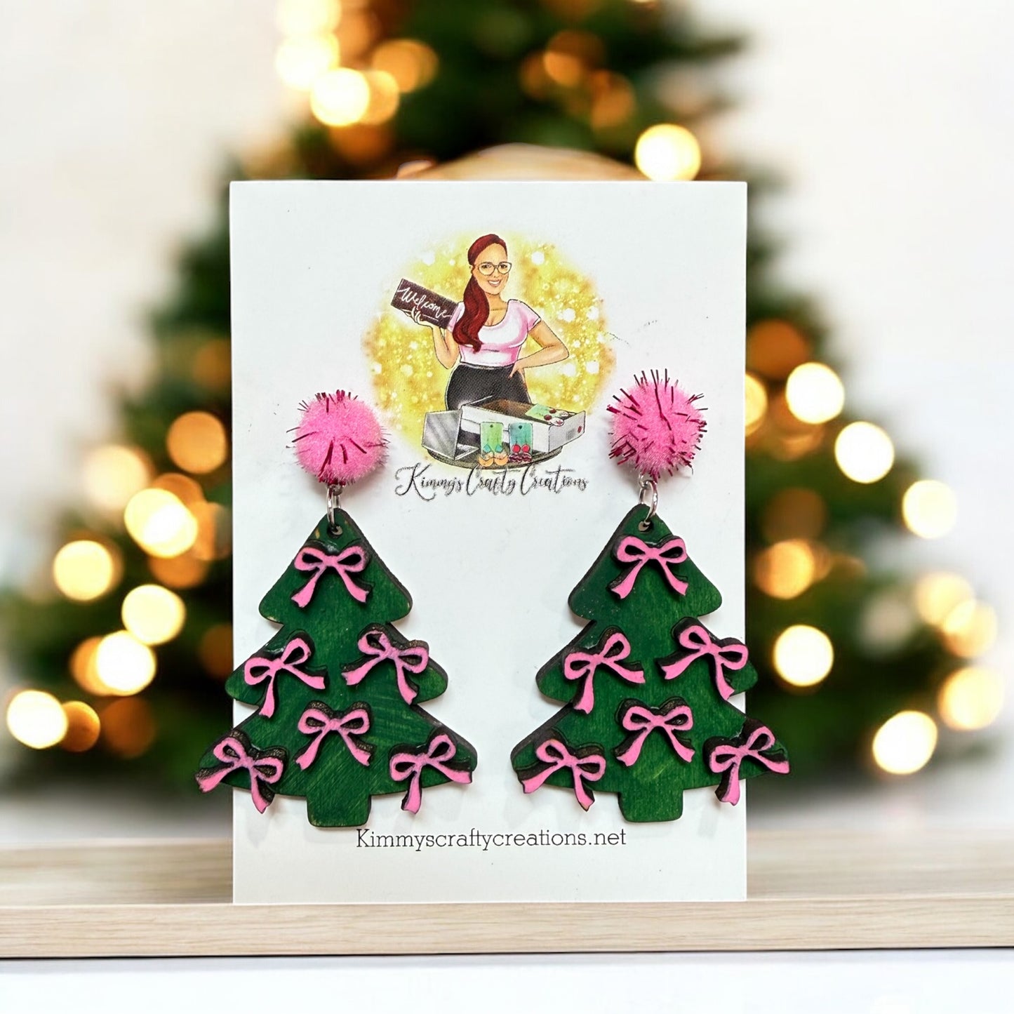 Pink Bow Christmas Tree Earrings