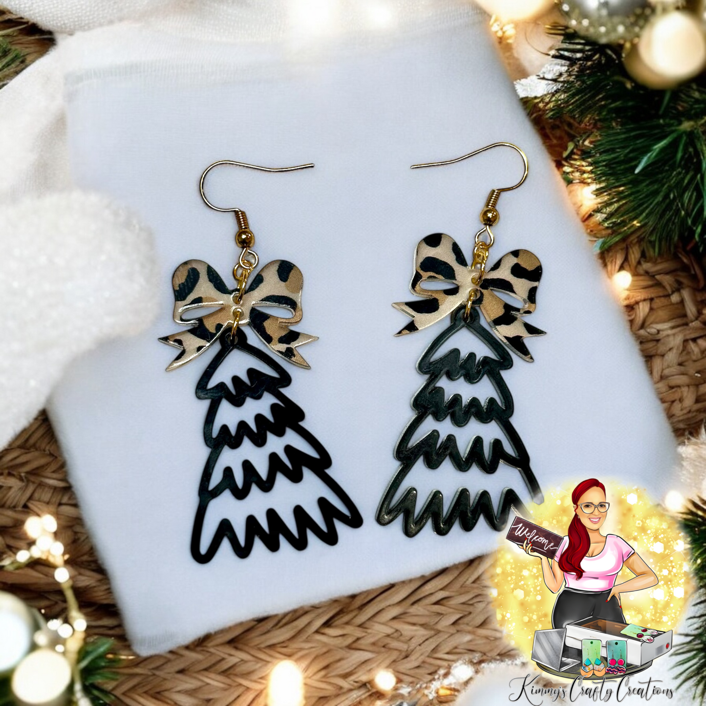 Doodle Christmas Tree Dangles- Black- Leopard Print Bow