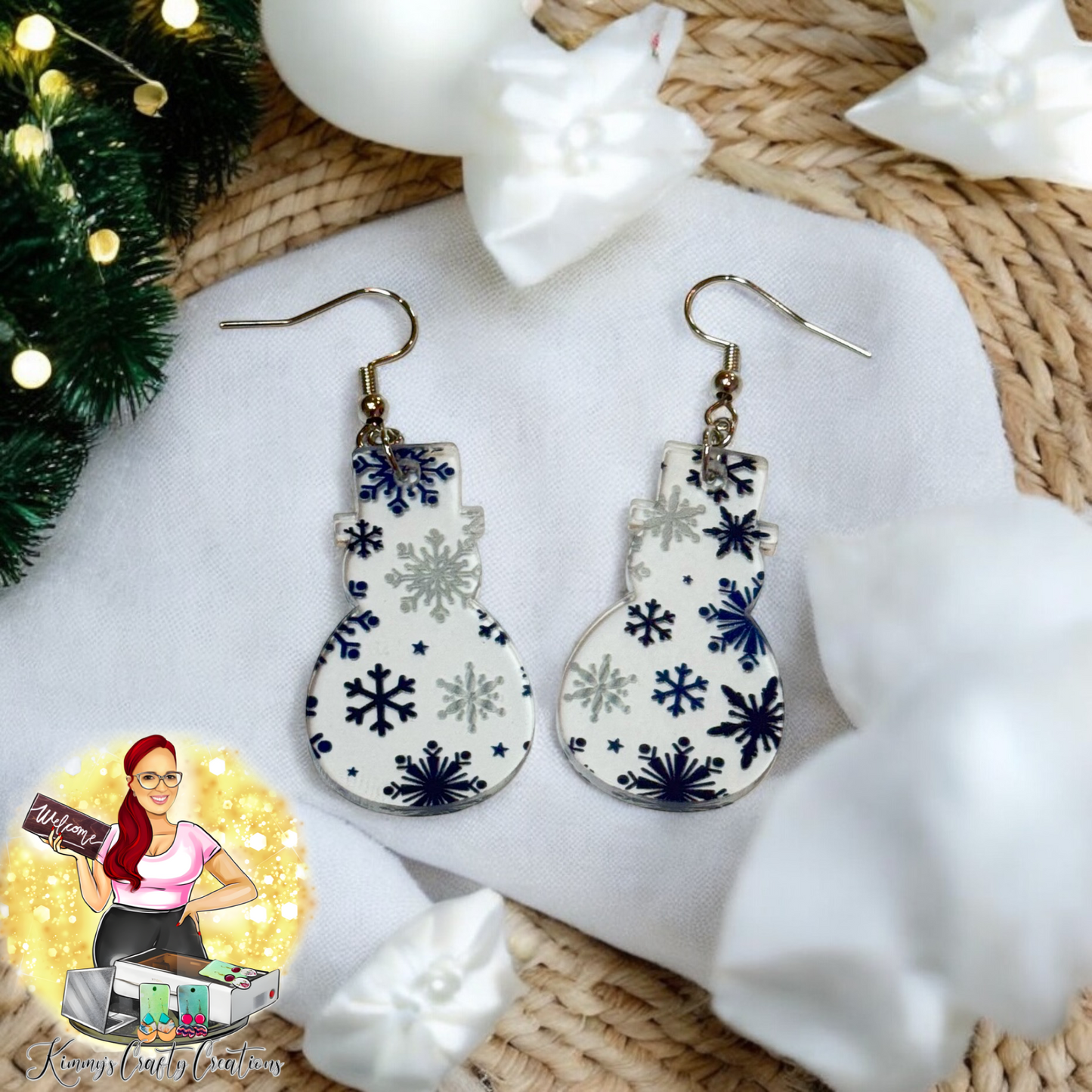 Snowflake Print Snowman Earrings 1.5 inch