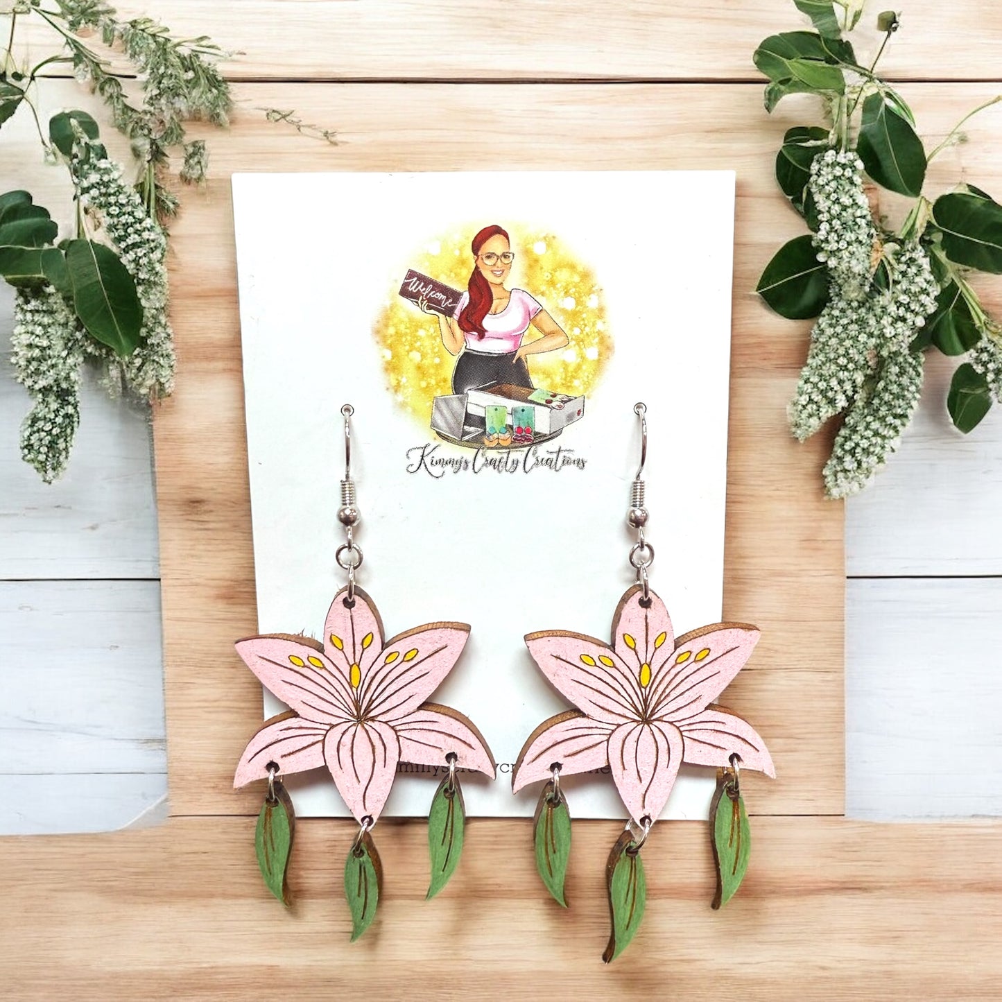 Wooden Lily Floral Earrings