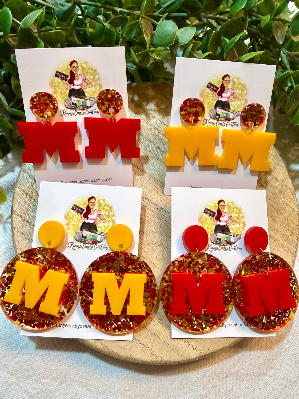 School Spirit Block M Earrings – Red & Gold Glitter