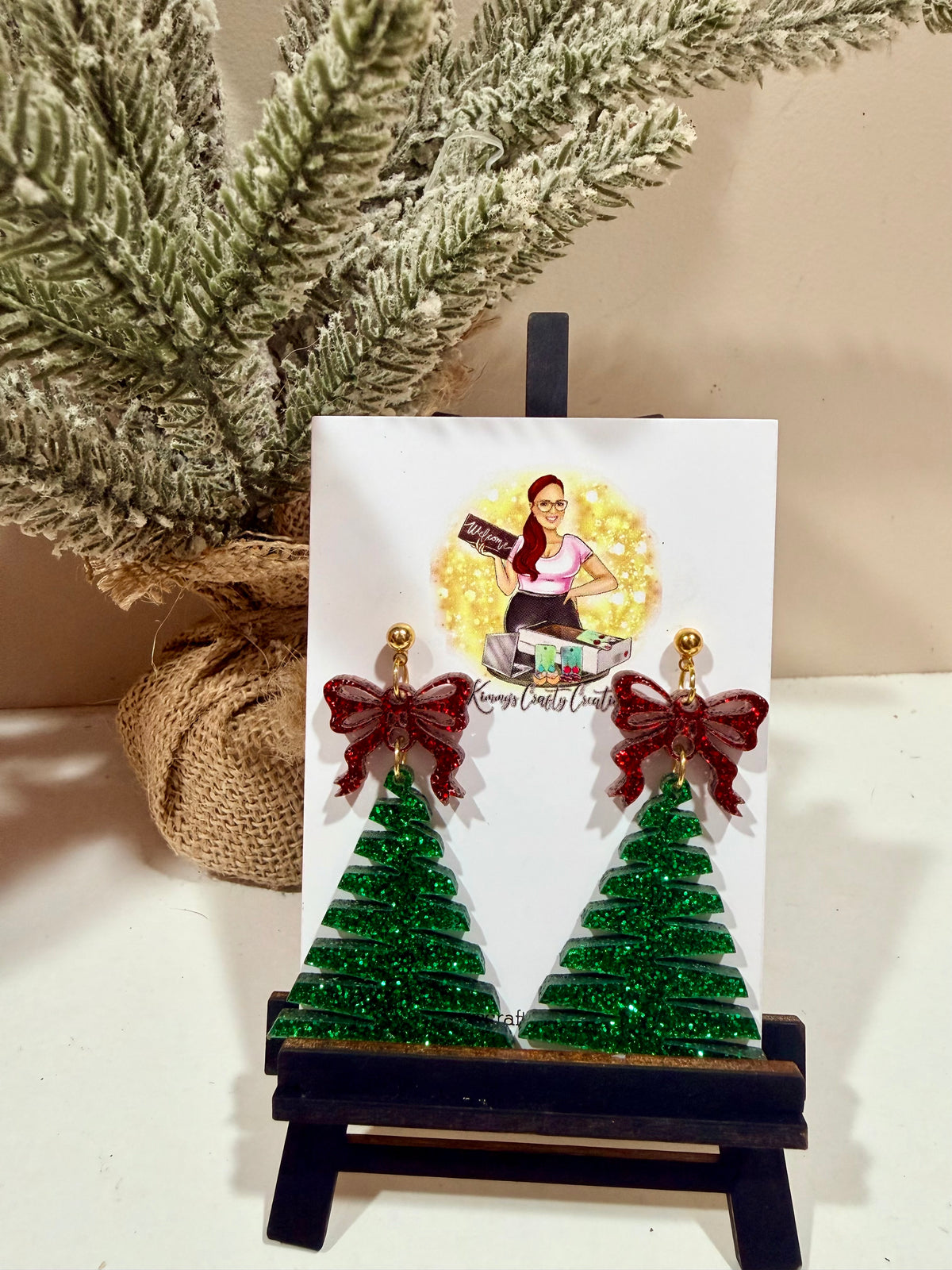 Red Bow & Green Glitter Christmas Tree Earrings