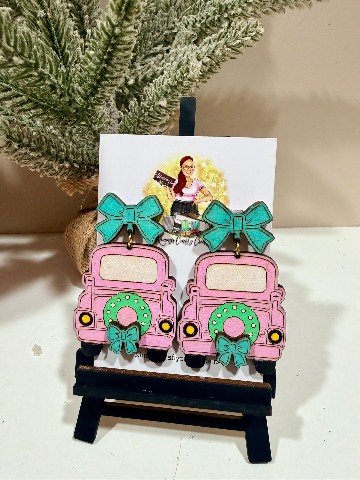 Pink Christmas Truck & Bow Earrings