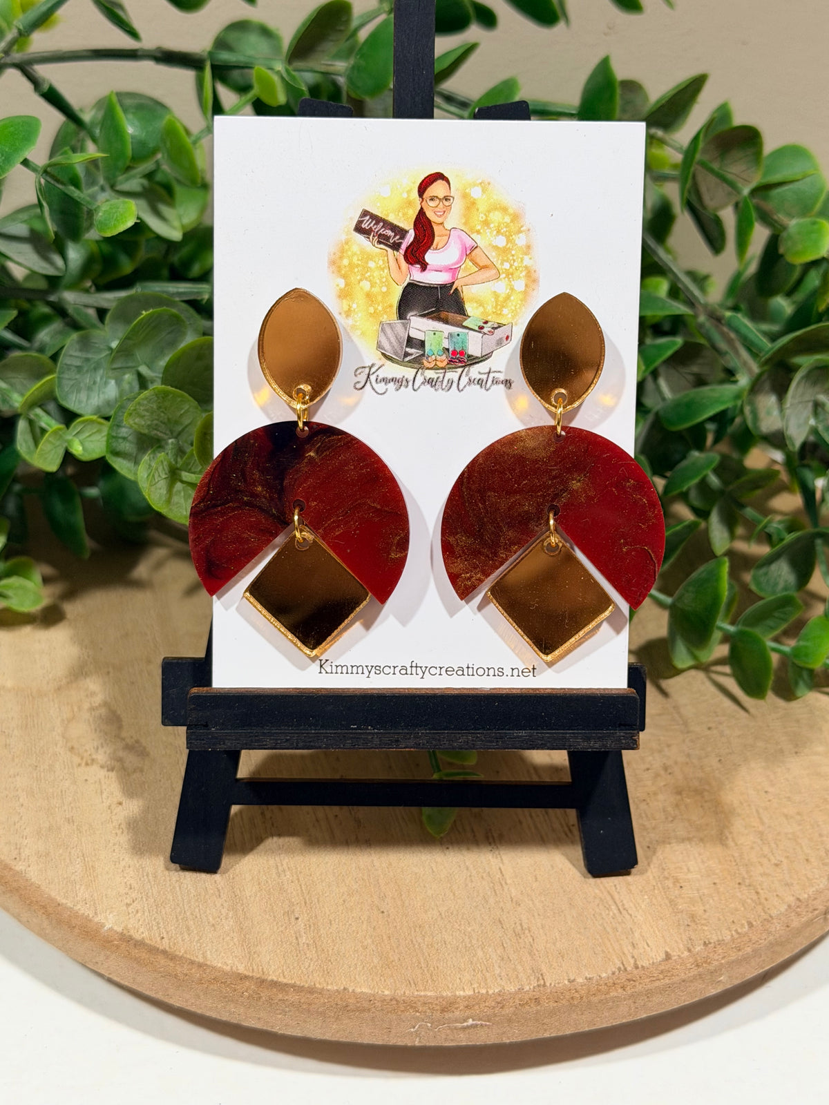 Red Marble & Mirror Gold Geometric Earrings