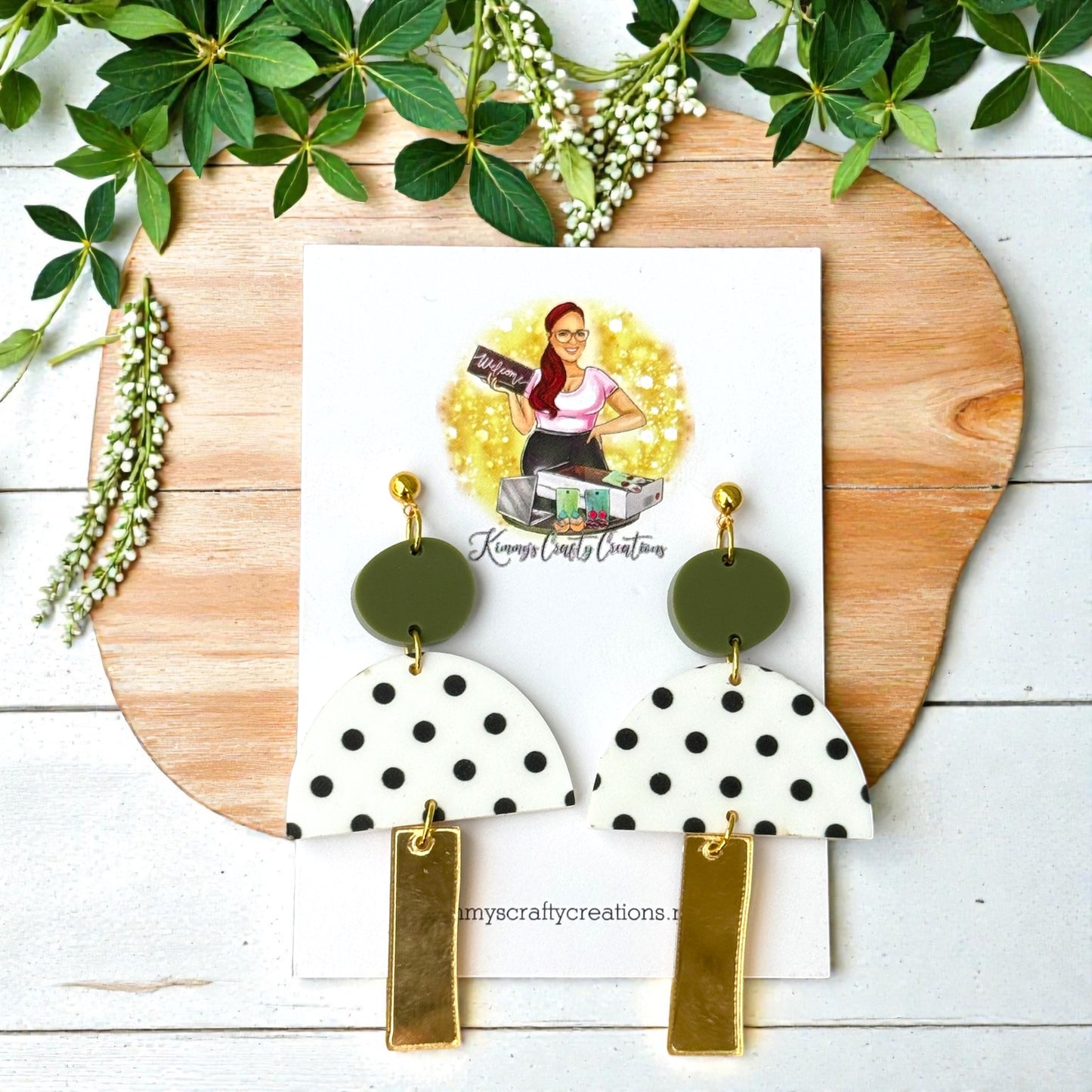 Olive & Polka Dot Statement Earrings – Modern Geometric Dangles