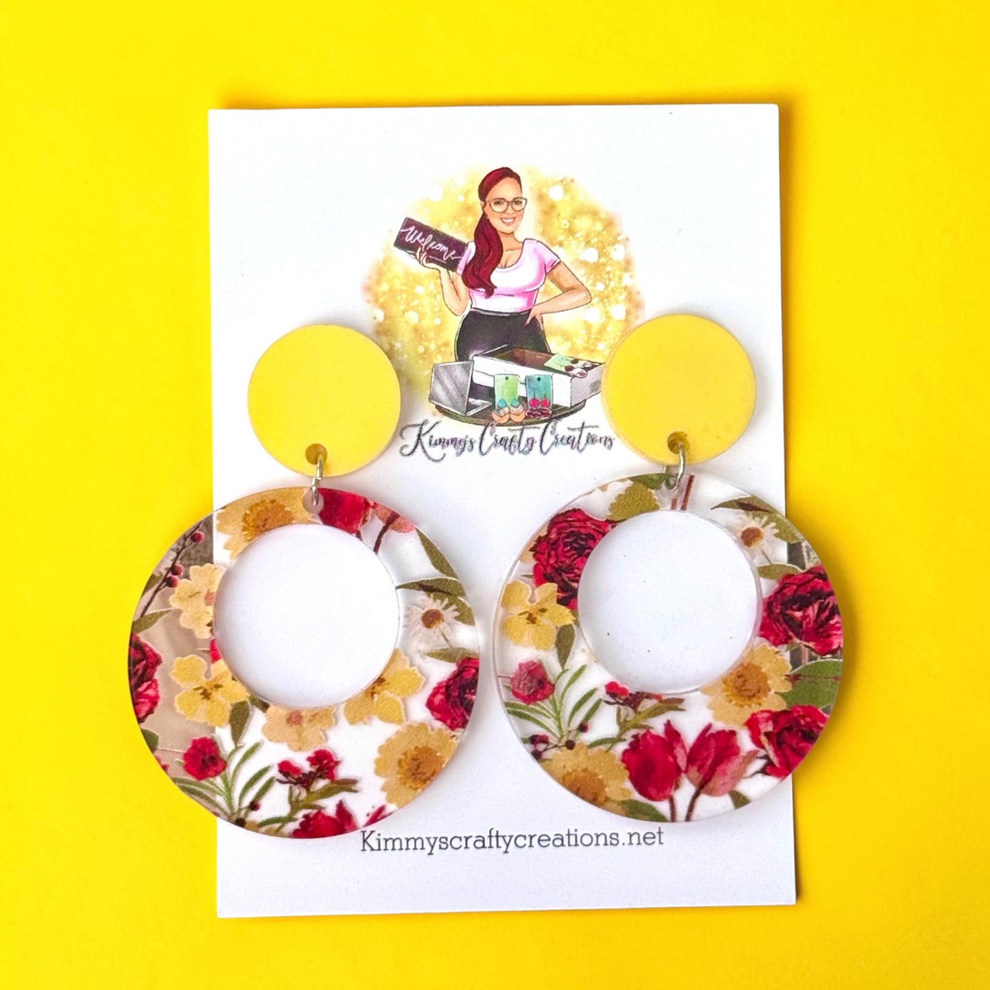 Floral Hoop Statement Earrings – Yellow & Red Spring Dangles