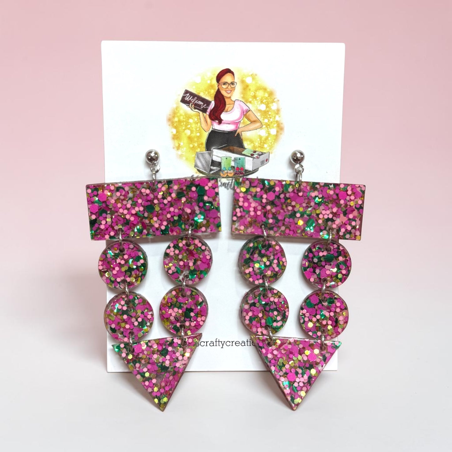 Pink & Green Glitter Fringe Earrings – Bold Geometric Statement