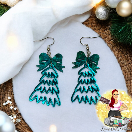 Doodle Christmas Tree Dangles- Teal- Marble Shimmer Bow