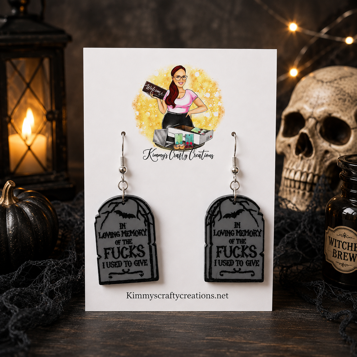 “In Loving Memory of the F*cks I Used to Give” Tombstone Earrings