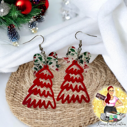 Doodle Christmas Tree Dangles- Red -Christmas Poinsetta Print Bow