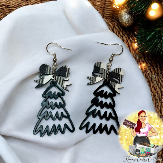 Doodle Christmas Tree Dangles- Black- Buffalo Plaid Bow