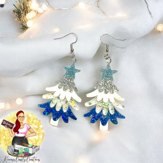 Layered Christmas Tree Earrings- Light Blue Snowflakes