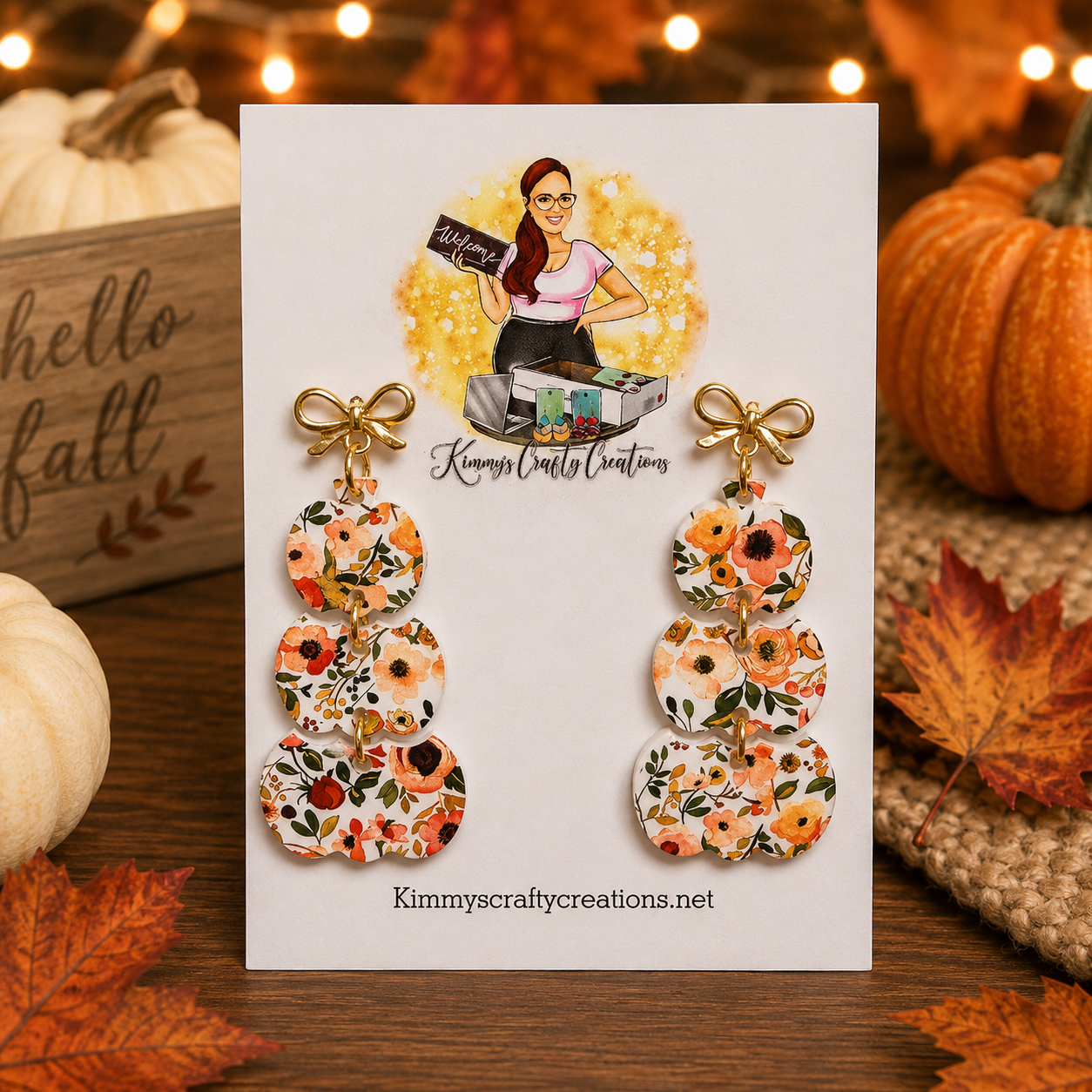 🍂 Fall Floral Pumpkin Dangle Earrings