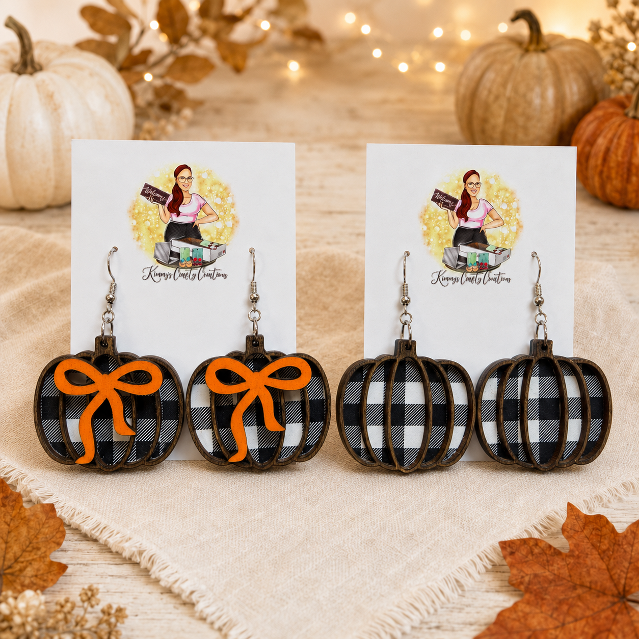 Layered Black & White Buffalo Plaid Pumpkin Earrings