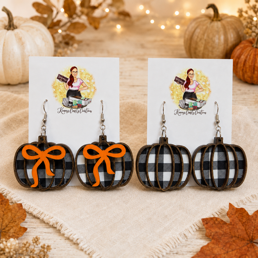 Layered Black & White Buffalo Plaid Pumpkin Earrings