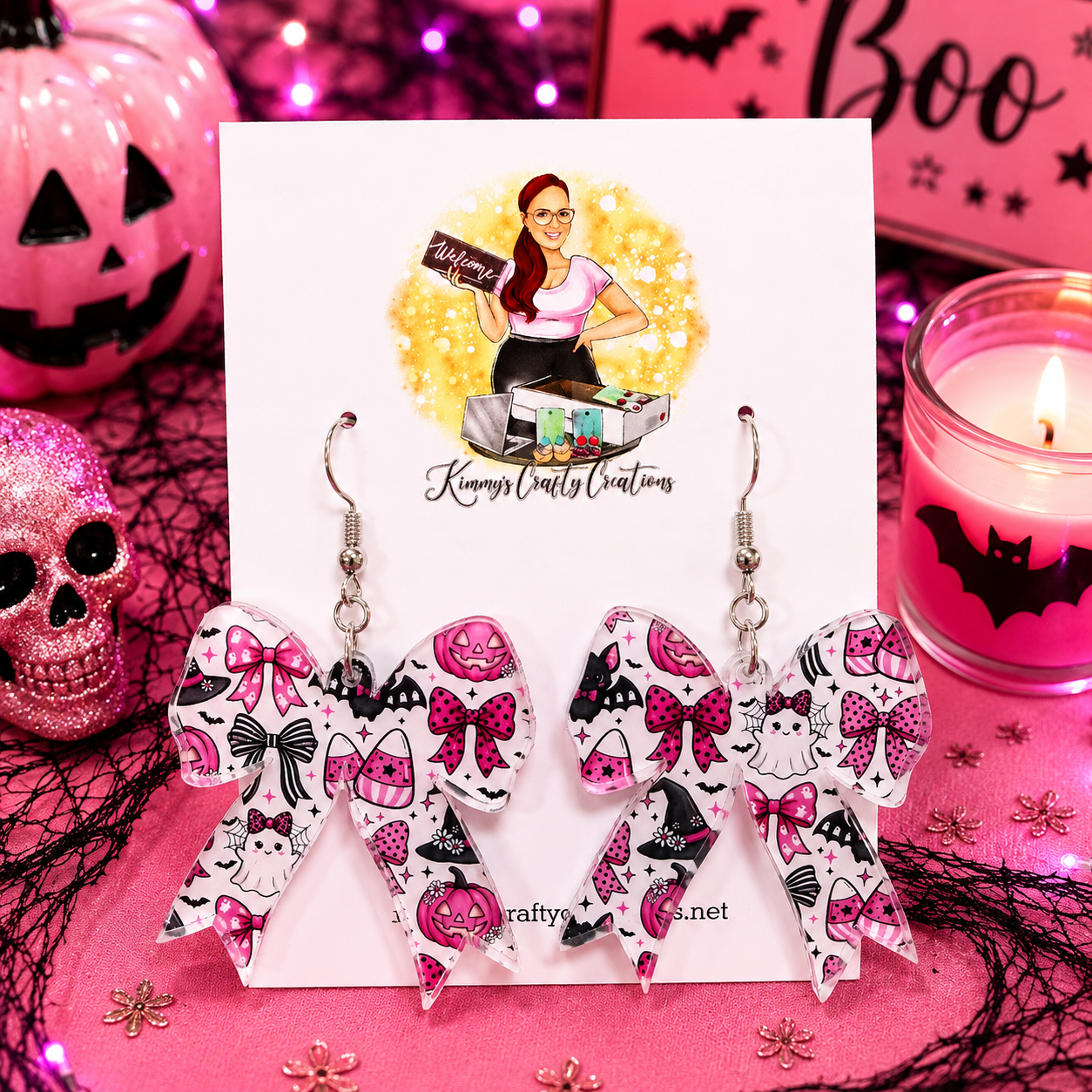 Pink Spooky Cute Halloween Bow Earrings
