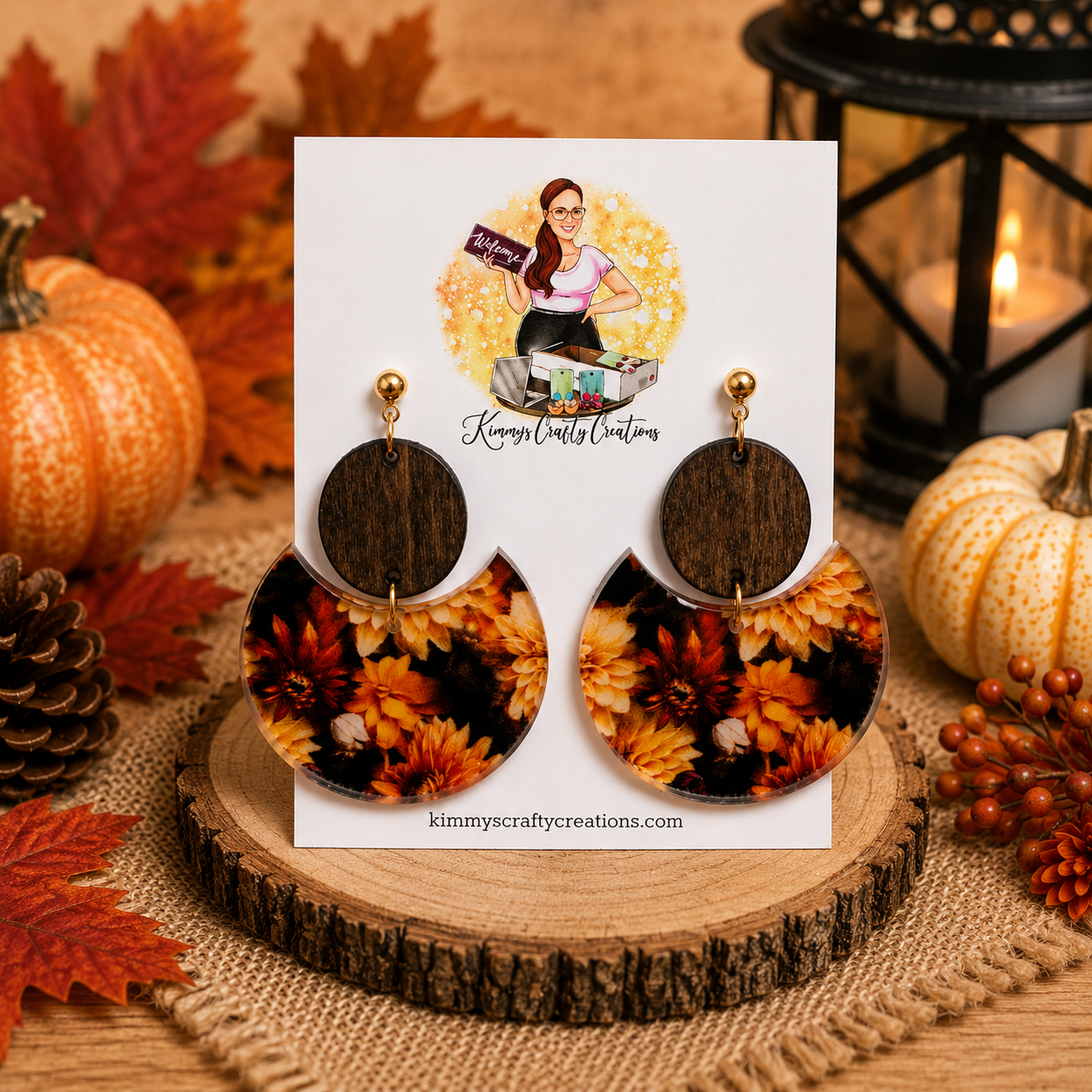 Layered Autumn Floral Wood Statement Earrings