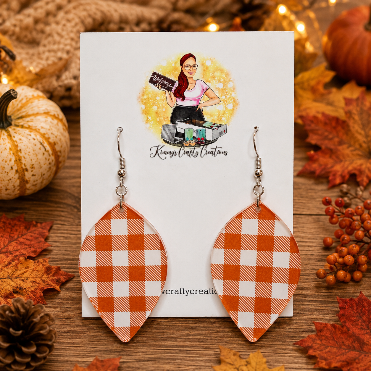 Orange Buffalo Plaid Fall Leaf Earrings