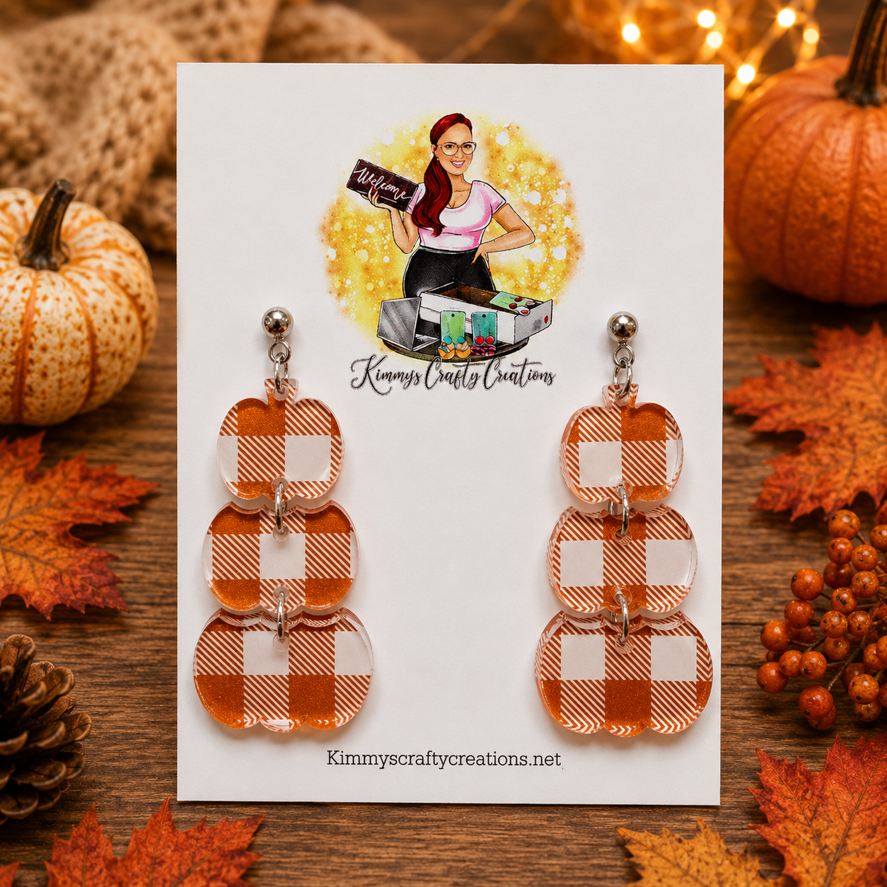 Orange Buffalo Plaid Triple Pumpkin Dangle Earrings