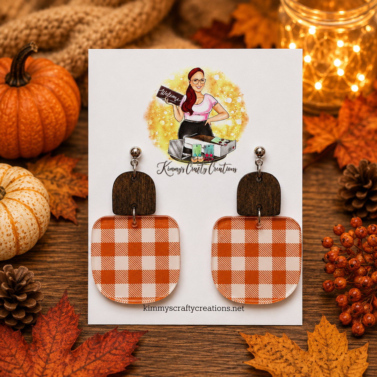Orange Buffalo Plaid & Wood Fall Earrings