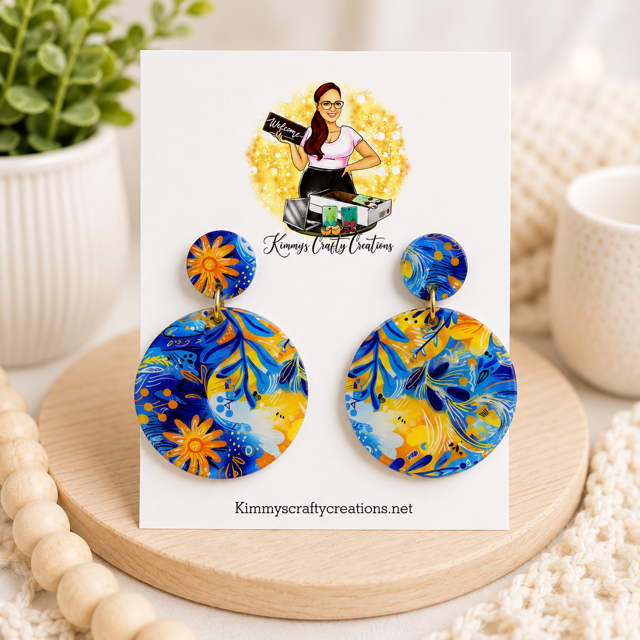 Blue & Gold Floral Statement Earrings
