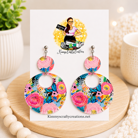 Bright Floral Open Circle Statement Earrings
