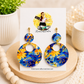 Blue & Gold Floral Open Circle Statement Earrings