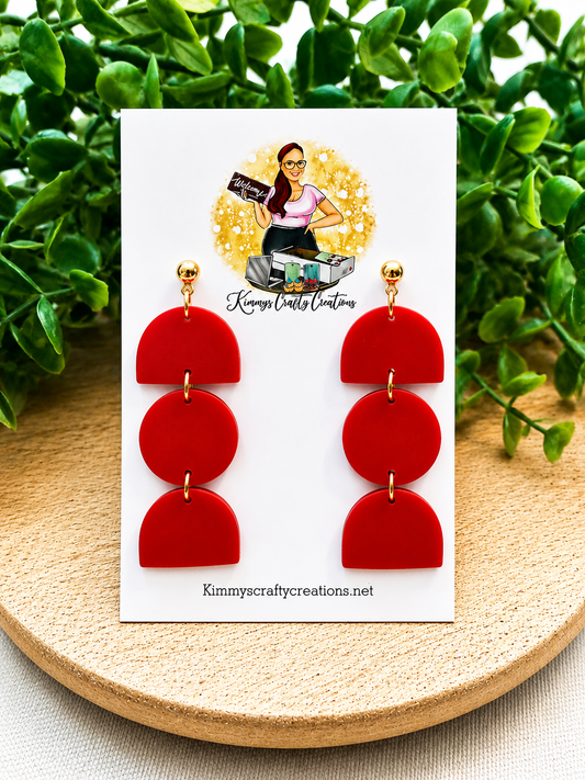 Red Geometric Triple-Drop Acrylic Statement Earrings