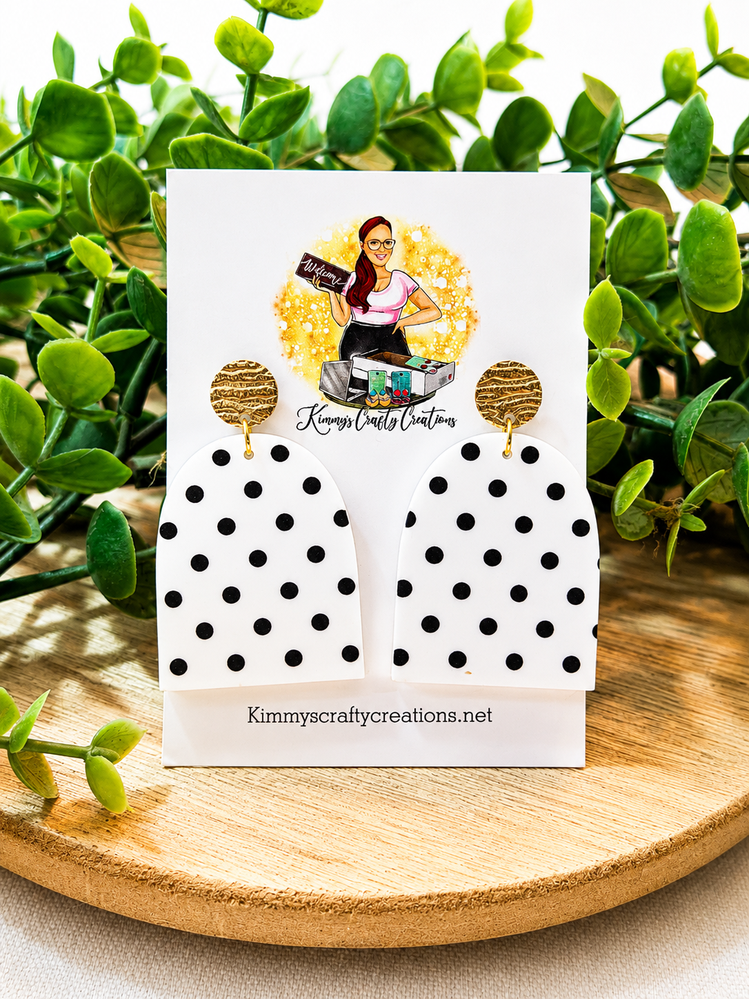 Black & White Polka Dot Statement Earrings with Gold Textured Tops