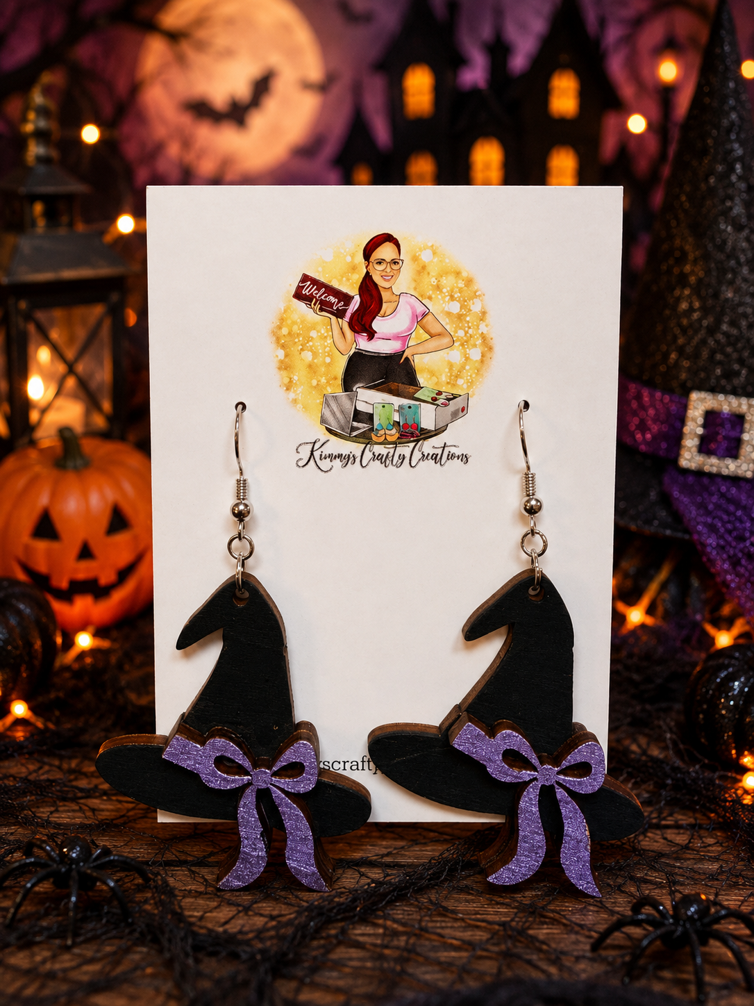 Hand-Painted Witch Hat & Purple Bow Earrings