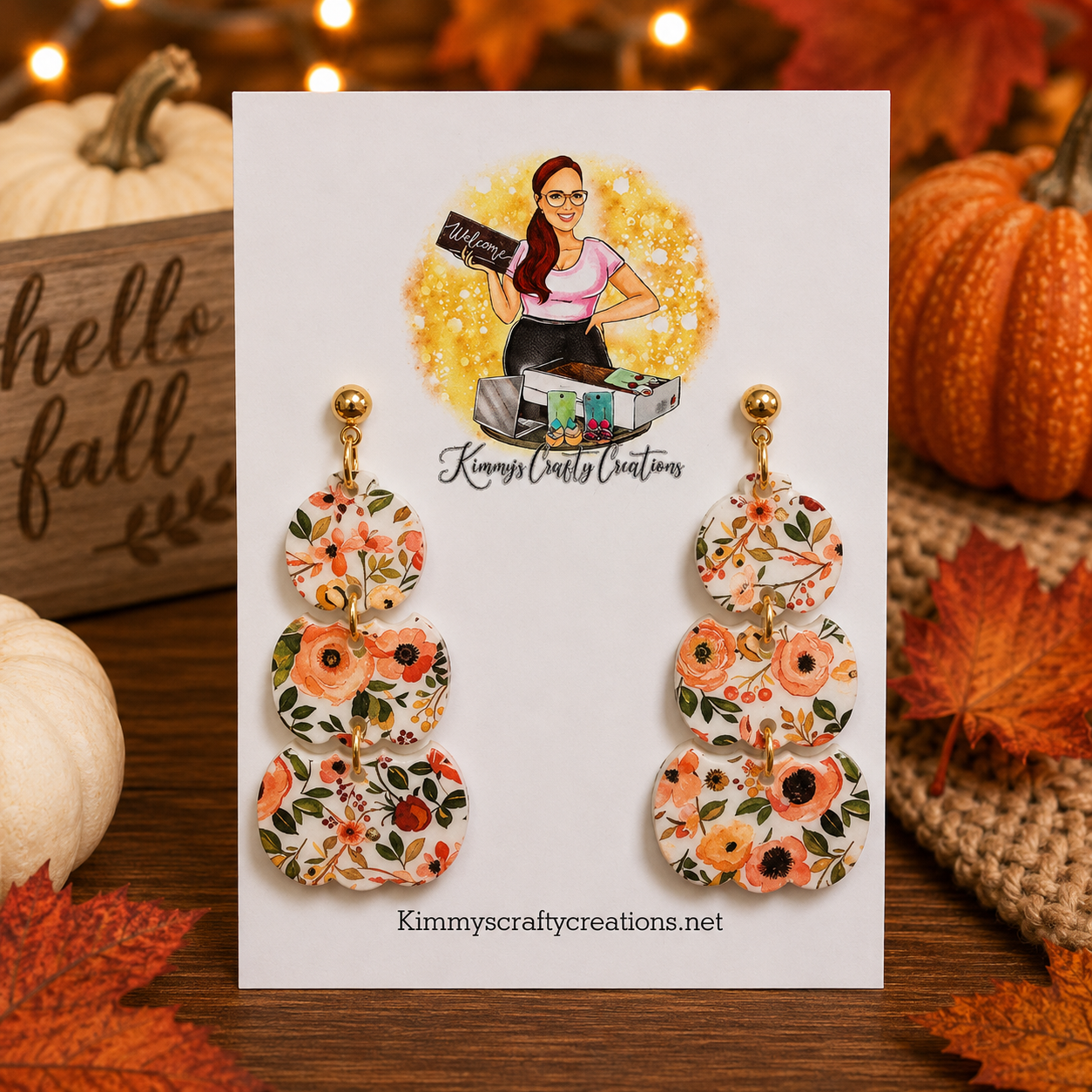 🍂 Fall Floral Pumpkin Dangle Earrings