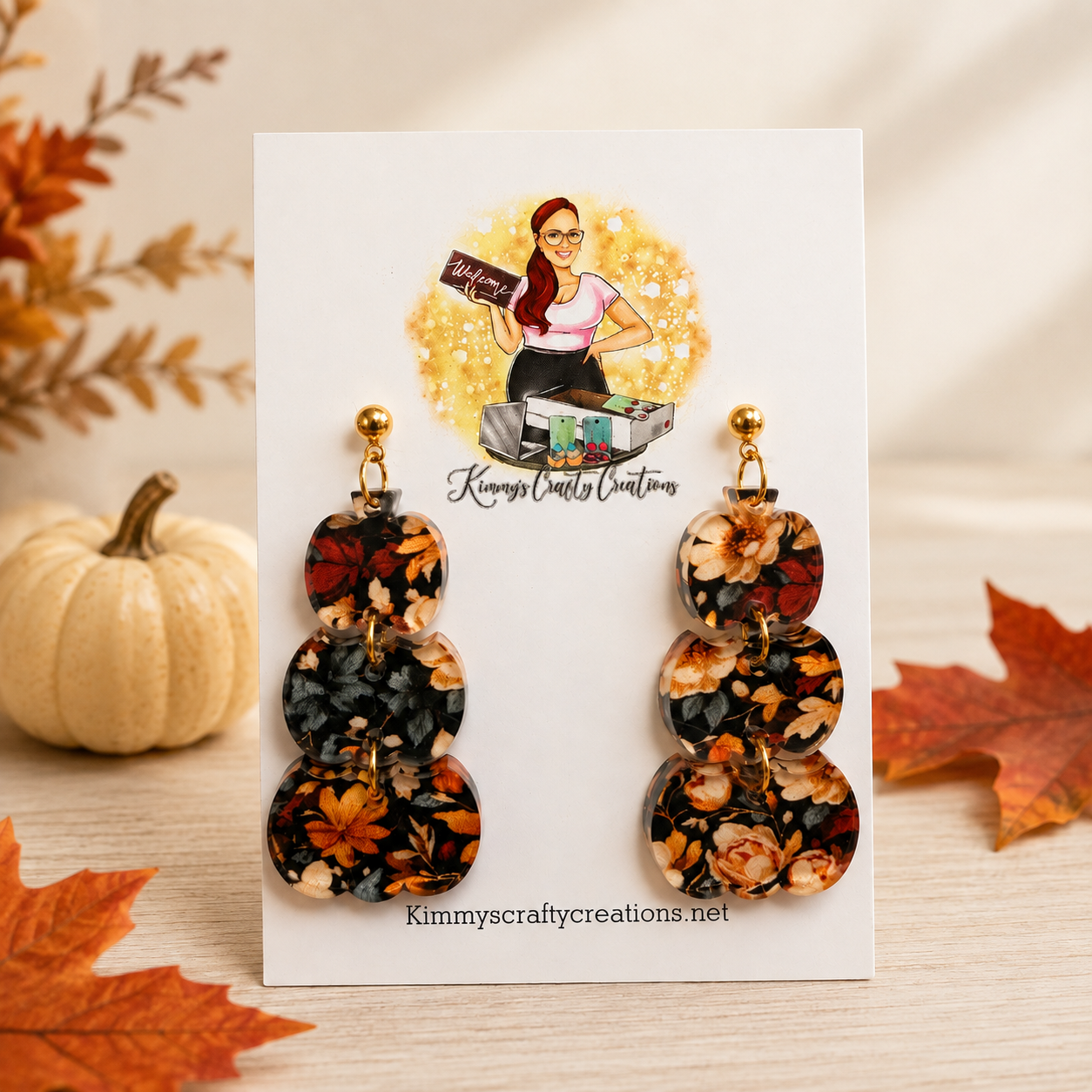 Moody Autumn Floral Triple Pumpkin Earrings