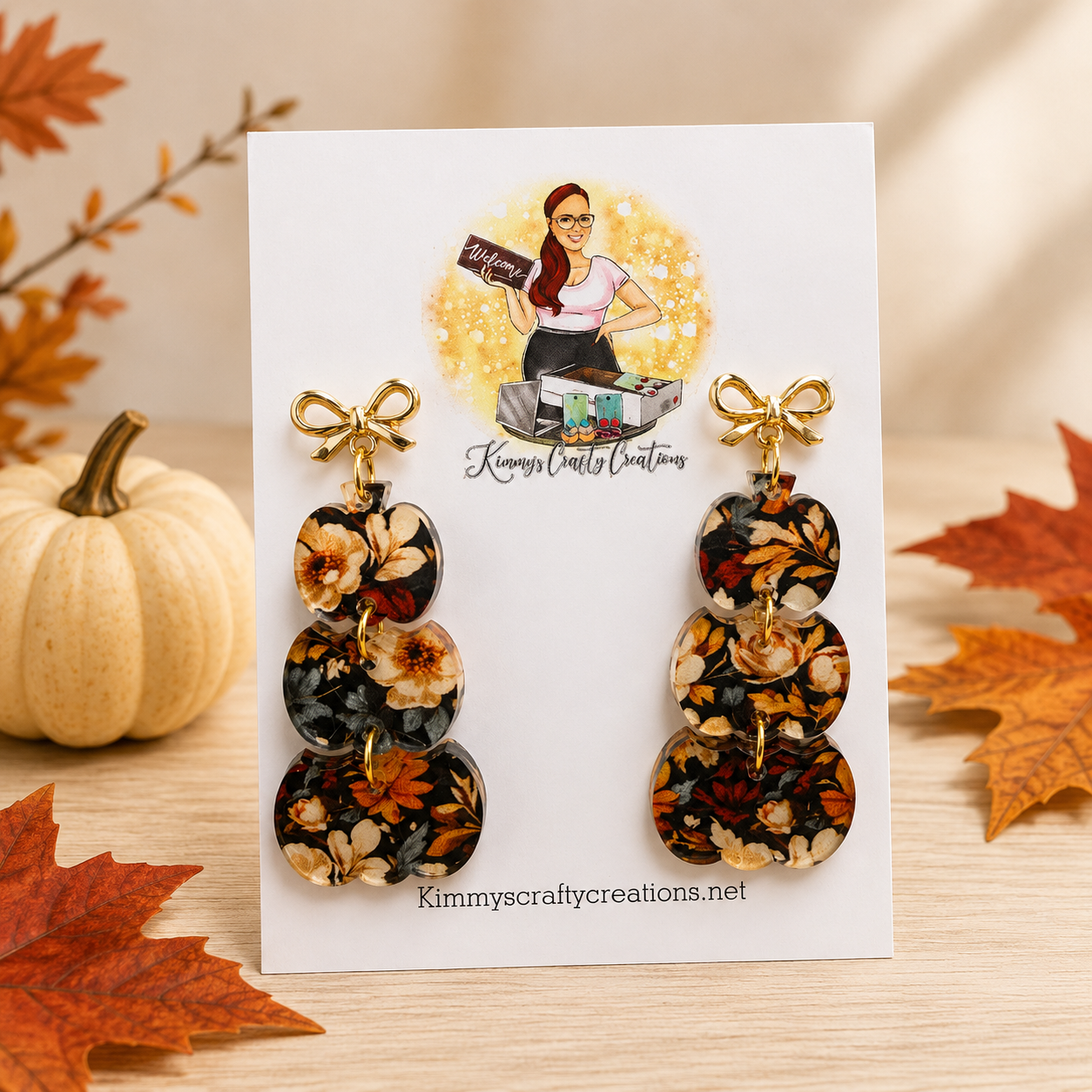 Moody Autumn Floral Triple Pumpkin Earrings